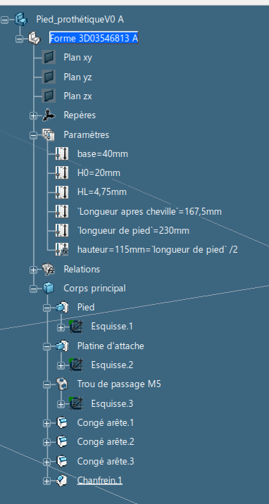 Arbre de construction de la pièce CAO